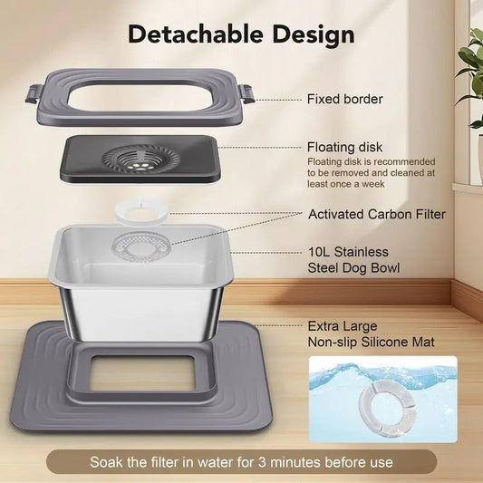 Slow-Feed Dog Water Bowl 10L Stainless Steel With Anti Spill Rim And Silicone Mat