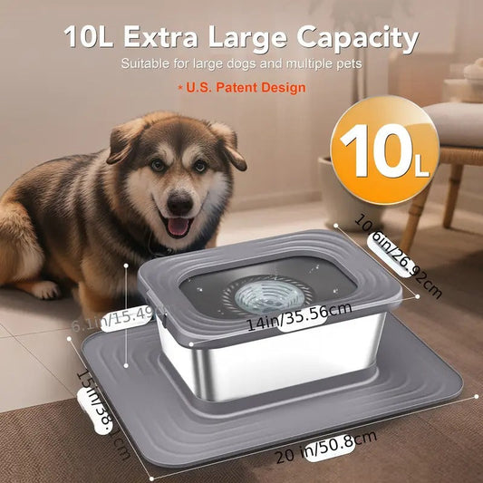 Slow-Feed Dog Water Bowl 10L Stainless Steel With Anti Spill Rim And Silicone Mat